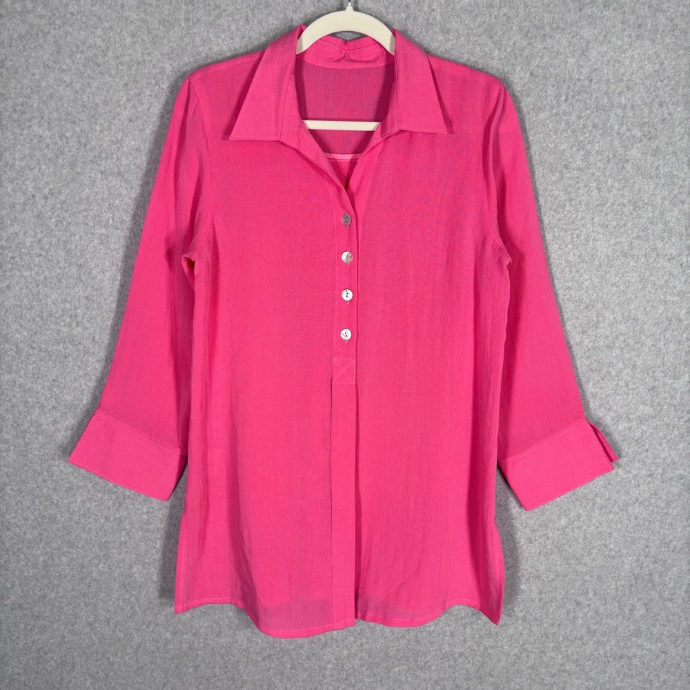 Fridaze Linen Button Tunic Top Shirt XS Pink Split Hem Resortwear Lagenlook